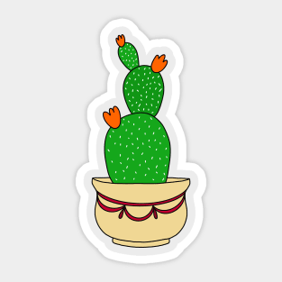 Cute Cactus Design #182: Cactus With Orange Blooms In Elegant Pot Sticker